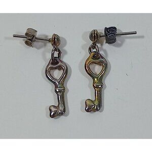 Skeleton Key Earrings Vintage Pair 1990s Stud Two Tone Gold Silver Girls Retro